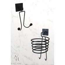 Atacı Home Yapışkanlı Idamlık Havlu Askısı ve Siyah Fön Tutacağı Pratik Banyo 2'li Set