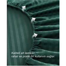 MODELHOME Zümrüt Yeşili Renkli, Çift Kişilik Pamuklu Çizgili Saten Lastikli Çarşaf Takımı