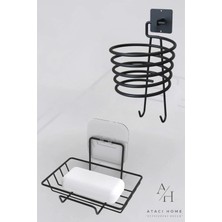 Atacı Home Yapışkanlı Siyah Fön Tutacağı ve Siyah Sabunluk Pratik Banyo 2'li Set