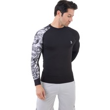 Domin Spor Erkek Uzun Kollu Siyah Tek Kol Beyaz Desenli Compression Fitness Body Gym Body Spor Tshirt DMN66778