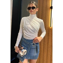 Gülseli Kadın Omuz ve Bel Drapeli Kadife Bluz