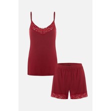 Kadın Viskon - Yumuşak Dokulu İp Askılı Dantel Detaylı Şortlu Takım