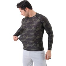 Domin Spor Erkek Uzun Kollu Haki Kamuflaj Compression Body Fitness Gym T-Shirt DMN66779