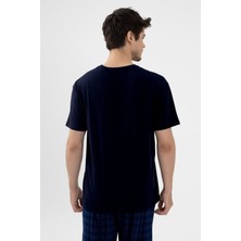Erkek Pamuklu Kısa Kollu Lacivert Ekose Desenli Cep Detaylı Pijama Takımı