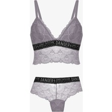 Kadın Danger Yazılı Lastikli Dantelli Büstiyer Takım