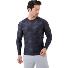 Domin Spor Erkek Uzun Kollu Lacivert Kamuflaj Desenli Compression Body Fitness Gym T-Shirt DMN54781