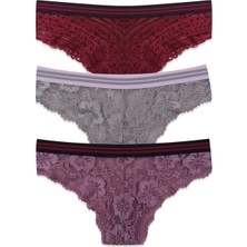 Kadın 3'lü Çizgili Lastikli Dantelli Külot