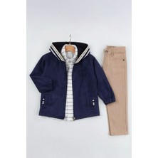 Miniğimin Cicileri Süet Ceketli Şerit Detaylı Kapüşonlu Erkek Çocuk 3 lü takım - Lacivert
