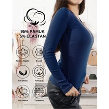Alya Underwear Kaşkorse V Yaka Body Sweatshirt, Fitilli Kumaş, Likralı, Lacivert