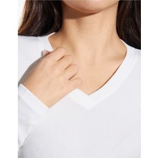 Alya Underwear Pamuklu Kaşkorse V Yaka Body Sweatshirt, Fitilli Kumaş Likralı Bluz, Beyaz Badi