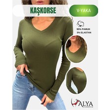 Alya Underwear Pamuklu Kaşkorse V Yaka Body Sweatshirt, Fitilli Kumaş Likralı Bluz, Asker Yeşili Badi