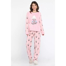 Kadın Bisiklet Yaka Desenli Polar Pijama Takımı P-00014293