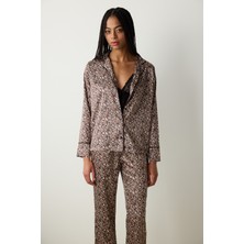 Penti Leopard Saten Açık Bej Gömlek Pantolon Pijama Takımı