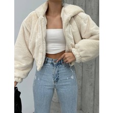 Momchi Peluş Kumaş Crop Kesim Fermuarlı Kadın Ceket