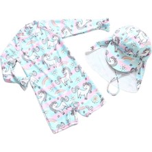 Petityu UPF50+ Güneş Korumalı Uzun Kollu Unicorn Pembe Mavi Mont Gökkuşağı Unicorn Mayo Şapka Set
