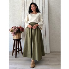 Küçüğüm Butik Haki Yeşil Kloş Büzgülü Poplin Etek