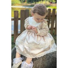 Alyra Kids Kız Çocuk Elbise Kız Bebek Dantelli Uzun Kollu Astarlı Vintage Doğum Günü Parti Düğün Abiye Tüllü Saten Elbise Bej ALY0260
