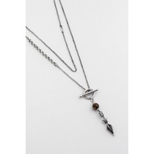 Kaplan Gözü Taşlı Mızrak Ucu 70 cm Gümüş Erkek Kolye