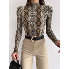 Kadın Gold Yılan Desenli Yarım Balıkçı Yaka Body