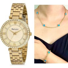 Ferrucci Çelik Zirkon Taşlı Şık Kadın Kol Saat+Nazarlıklı Hediye Set