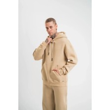 Equri  Double Oversize Kapşonlu Basic Sweatshirt - Bej
