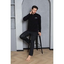Erkek Yakası Düğmeli %100 Pamuklu Mevsimlik Örme Penye Uzun Kollu Pijama Takımı