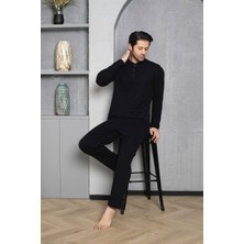 Erkek Yakası Düğmeli %100 Pamuklu Mevsimlik Örme Penye Uzun Kollu Pijama Takımı