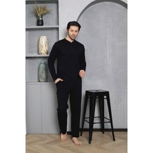Erkek Yakası Düğmeli %100 Pamuklu Mevsimlik Örme Penye Uzun Kollu Pijama Takımı