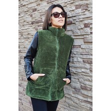 Kadın Haki Yeşil Dik Yaka Kalın Peluş Fermuarlı Yelek 24KYLKK215