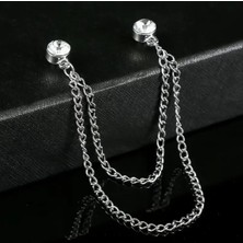 Gümüş Çift Zincirli Taş Detaylı Yaka Iğnesi Broş