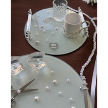 Cyz Home Beloved Gümüş Beyaz Incili Söz Tepsisi Nişan Tepsisi ve Damat Kahve Fincan Tepsisi