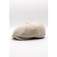 Erkek Bej Ekose Desenli Newsboy Kasket Şapka