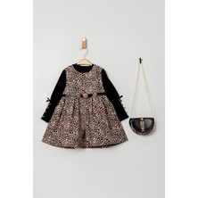 Miniğimin Cicileri Leopar Desen Çantalı Kemer ve Fiyonk Detaylı Elbise 3 parça kız çocuk - Siyah