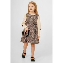 Miniğimin Cicileri Leopar Desen Çantalı Kemer ve Fiyonk Detaylı Elbise 3 parça kız çocuk - Bej