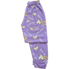 Kız Çocuk %100 Pamuklu Lila Kalp Desenli Bisiklet Yakalı Pijama Takımı