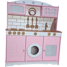 Hedefixtoys Küçük Şefin Pembe Ahşap Mutfağı 9 Parça Servis Setli