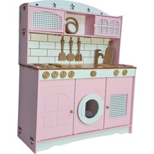 Hedefixtoys Küçük Şefin Pembe Ahşap Mutfağı 9 Parça Servis Setli
