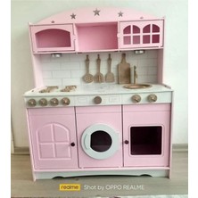 Hedefixtoys Pembe Boyalı Ahşap Mutfak 7 Parça Servis Seti ve 2 Adet LED Aydınlatma Hediyeli