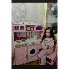 Hedefixtoys Pembe Boyalı Ahşap Mutfak 7 Parça Servis Seti ve 2 Adet LED Aydınlatma Hediyeli