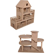 Hedefixtoys Ahşap Katlı Otopark ve Ahşap Oyuncak Bebek Evi(15 Adet Mobilyalı)