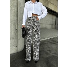 Beyaz Leopar Palazzo Kot Jean Wide Leg Leopar Pantolon