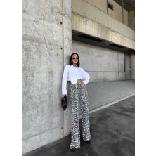 Beyaz Leopar Palazzo Kot Jean Wide Leg Leopar Pantolon