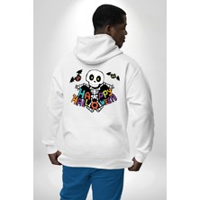 Navcoli Halloween Skeleton Eğlenceli Cadılar Bayramı Erkek Kadın Beyaz Ön Sırt Baskılı Kapüşonlu Sweatshirt Hoodie