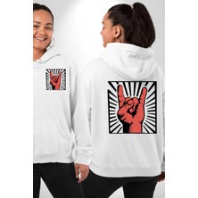 Navcoli Rock On El Işareti Metal Horns Sembolü Erkek Kadın Beyaz Ön Sırt Baskılı Kapüşonlu Sweatshirt Hoodie