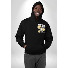Navcoli Gökyüzünde Uçmak Astronot Erkek Kadın Siyah Ön Sırt Baskılı Kapüşonlu Sweatshirt Hoodie