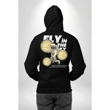Navcoli Gökyüzünde Uçmak Astronot Erkek Kadın Siyah Ön Sırt Baskılı Kapüşonlu Sweatshirt Hoodie