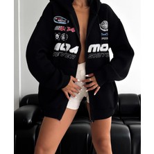 Amor Man Özel Tasarım Kapüşonlu Tam Fermuarlı Never Mod Karma Baskılı Şardonlu Kışlık Kadın Sweatshırt