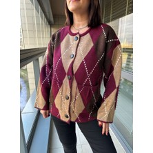 Elif Özbey Bordo Baklava Desen Deri Düğmeli Hırka