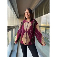 Elif Özbey Bordo Baklava Desen Deri Düğmeli Hırka
