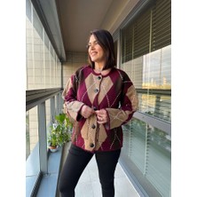 Elif Özbey Bordo Baklava Desen Deri Düğmeli Hırka